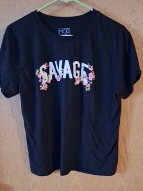 Modern Lux Black Tee with 'SAVAGE' White Lettering and Pink Floral Accents